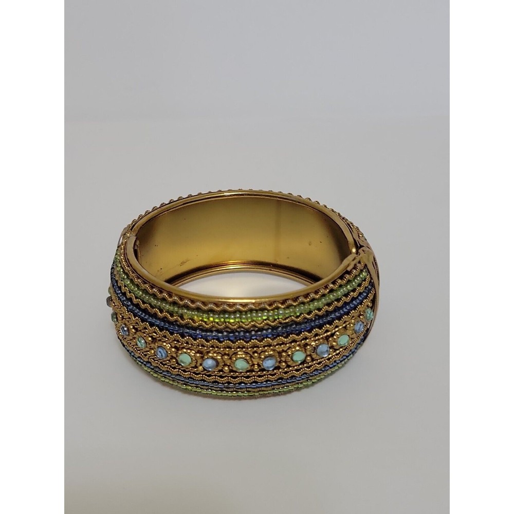 India Hand Beaded Brass Bracelet Blue Gems Blue Green Beads Hinged Cuff Bangle